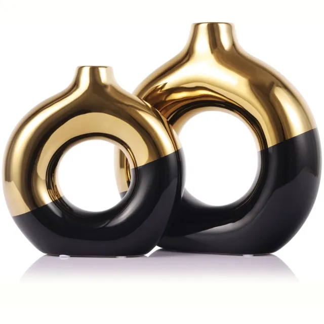 Famanu Keramische bloemvaas set van 2, gouden en zwarte donut vazen voor moderne boho decoratie
