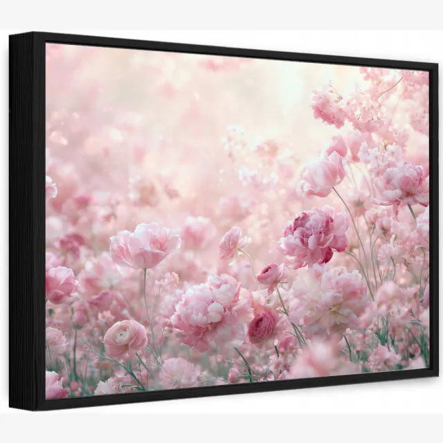 WALLARENA Canvas schilderij met zwarte lijst 100x70 cm - roze pioenrozen