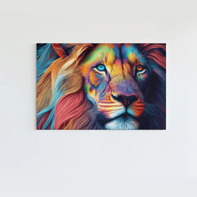 Trendex Global Canvas Schilderij - Dieren - Leeuw met Regenboog Kleuren - 90x60x2 cm Kleurrijk