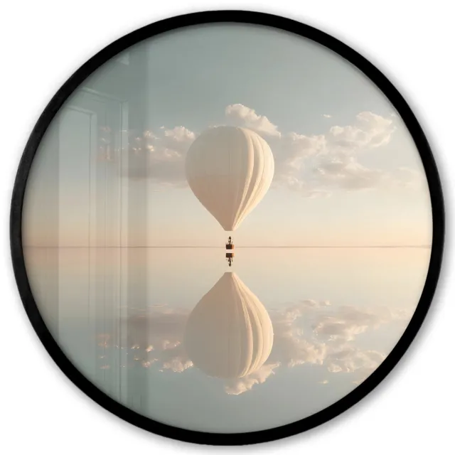FrameYourWall Poster in lijst Rond - Fotolijst 40x40 cm - Posters - Luchtballon - Wolken - Water - Blauw - Ronde posterlijst zwart - Decoratie - Wanddecoratie woonkamer - Muurdecoratie slaapkamer