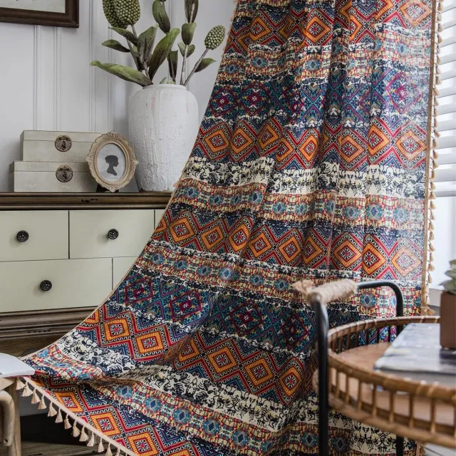 Freyamy Set van 2 gordijnen, boho, katoen, linnen, vintage, landhuisstijl, doorschijnend, zakgordijn met stangen, met beige kwastjes, gordijnen met stangdoorgang voor woonkamer, slaapkamer, 160 x 150 Kleurrijk