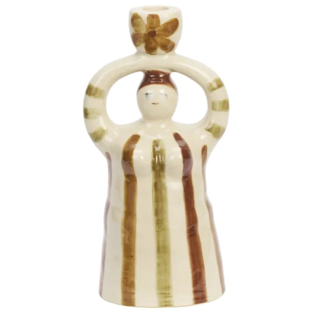 Madam Stoltz aardewerken kandelaar 26 cm - crème/bruin/groen