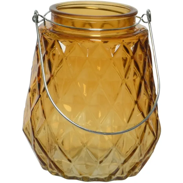 Decoris Waxinelichtjes houder - ruitjes glas - oranje - 11 x 13 cm - handvat - Sfeer kaarsen
