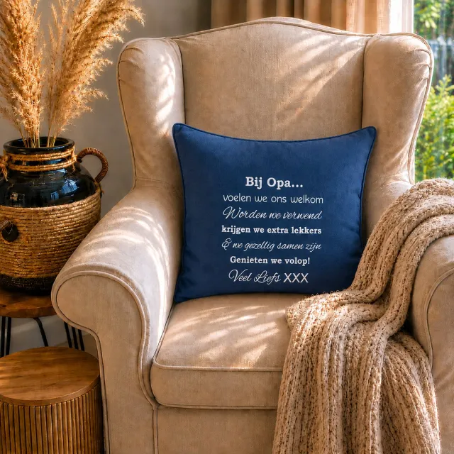Maison Marcella Kussen Kussenhoes tekst cadeau Regels voor Bij Opa Thuis hoes blauw maat 50x50 cm