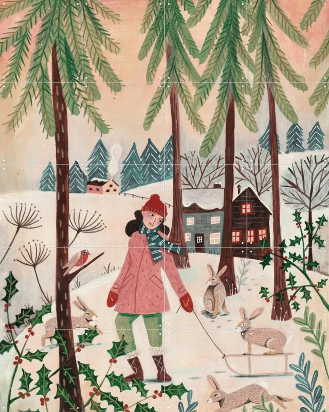 IXXI Walking in the snow, Caroline Bonne Müller & Various - 80 x 100 cm - Grote wanddecoratie en posters - Kleurrijk, Fantasierijk, Illustraties Roze