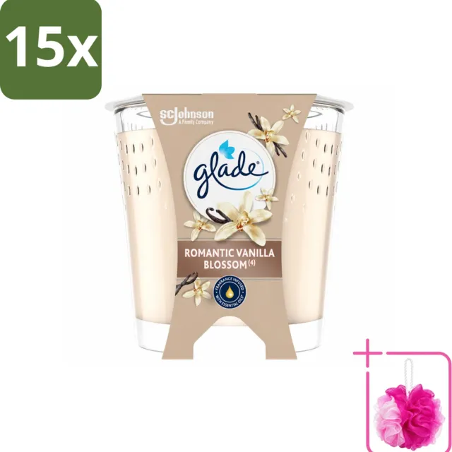15 x Glade - Geurkaars Romantic Vanillebloesem - 100% Raapzaadwas & Vegan - 112 g - Bulkverpakking - Romantische kaars - Douchemop - Geurkaars crème
