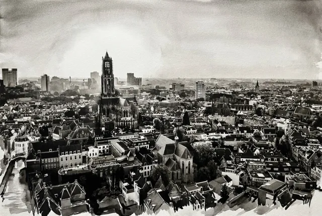 Atelier Iconique Skyline Utrecht Black and White Ink Wash Skylines - Print op Canvas 90x60 cm - Atelier Iconique zwart