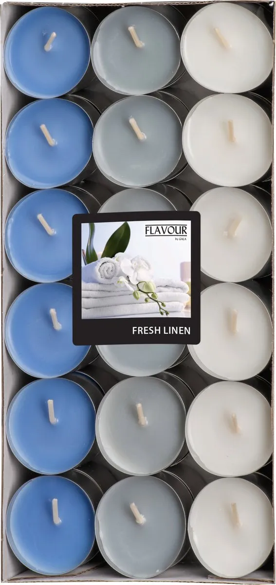 Conpax Candles Conpax Geur theelichtjes/waxinelichtjes - Mega pack - 36x - Fresh Linen aroma - 4,5 branduren Blauw