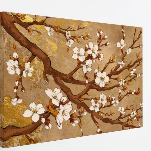 Saammp Canvas Schilderij - Witte bloessem aan tak - Beige - Bloemen - Abstract - 45x30 - Foto op canvas - Wanddecoratie - Muurdecoratie Woonkamer - Kantoor Decoratie Multicolor