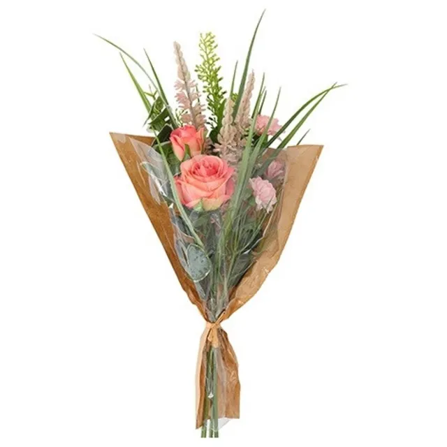 Countryfield kunstbloemen-boeket-roze-7 verschillende bloemen-met groen roze met groen