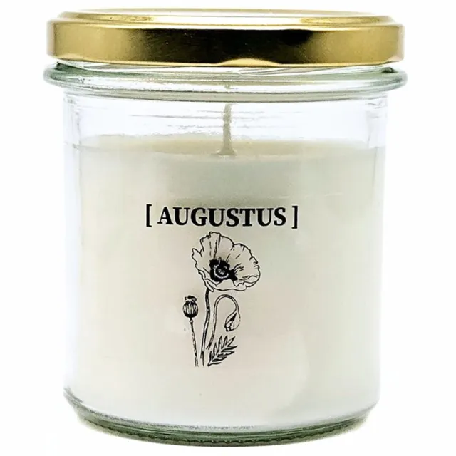 Candlelight-on geurkaars met geboortebloem en geboortedatum - 28 augustus - o.b.v. sojawas en etherische oliën Wit