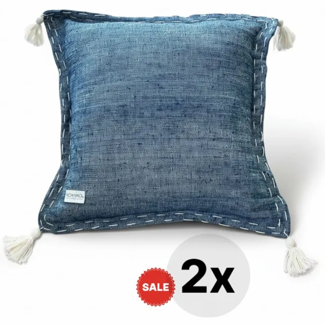 Yoshiko Home Celala SierKussen met kwastjes 2 stuks - Blauw/Wit - Tuin - Woonkamer - Inclusief Kussenvulling - 50x50cm Blauw/ Zwart