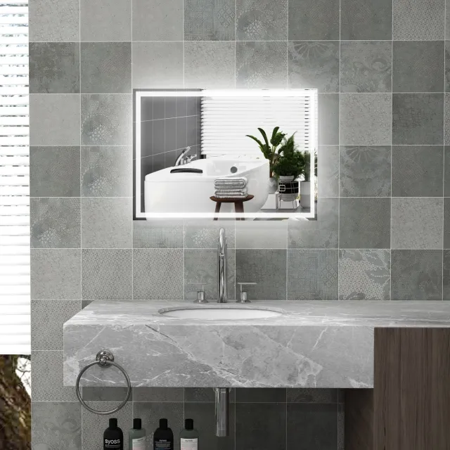 OKWISH Badkamerspiegel Met Led Verlichting En Touchschakelaar 70 X 50 Cm Glas Aluminium Kunststof Wit Rechthoekig Voor De Badkamer Silver