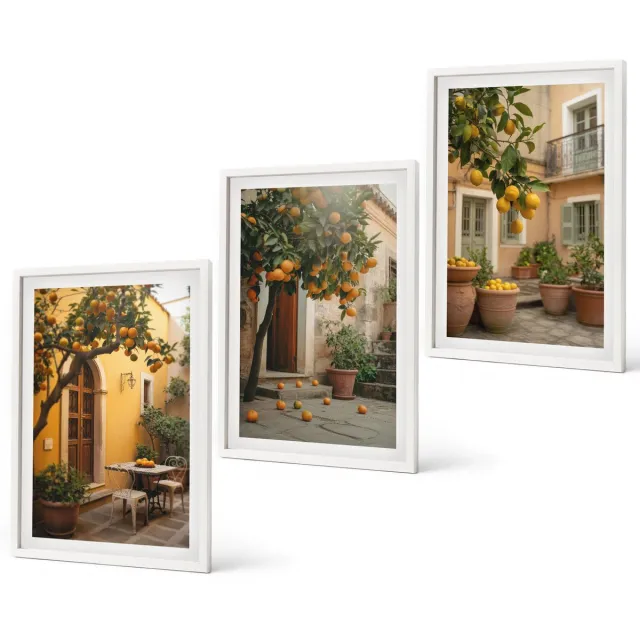 Coloray 3-Delige Schilderij Set - Tuin Met Citrusbomen Op Een Zonnige Locatie - 40 x 60 - Moderne Wanddecoratie - Slaapkamer - Woonkamer Decoratie witte lijst
