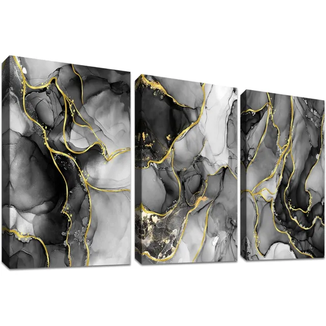 Ibenzoa Moderne Abstracte Canvas Wanddecoratie Set van Drie Stuks in Grijs, Zwart en Goud Marmer Design