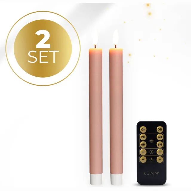 KENN LED Dinerkaarsen op Batterijen – Echte Wax – Set van 2 – Rustiek Roze – Met Afstandsbediening & Timer – Realistische 3D Vlam – LED Kaarsen – Dinerkaars LED – Kaarsen op Batterijen – LED Tafelkaarsen – Horeca – Realistisch Flikkerende Vlam