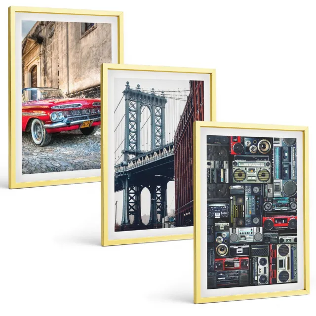 TULUP 4-Delige Schilderij Set - Oude auto op straat bij de Brooklyn Bridge en retro audioapparatuur - 40 x 60 cm - Wanddecoratie - Muurdecoratie - Moderne Interieurdecoratie - Decoratieve Schilderijen Gouden lijst
