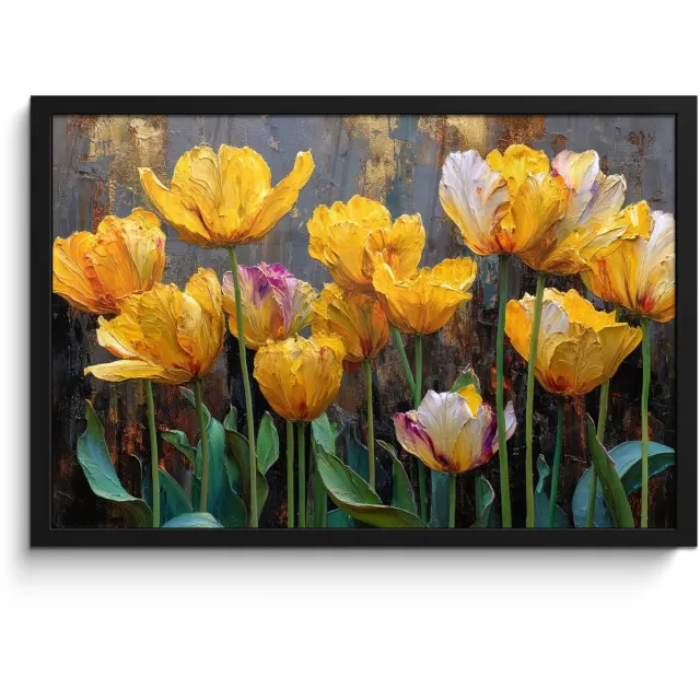 FrameYourWall Poster in lijst - Fotolijst 60x40 cm - Posters - Tulpen - Geel - Penseelstreken - Abstract - Posterlijst zwart - Decoratie - Wanddecoratie woonkamer - Muurdecoratie slaapkamer