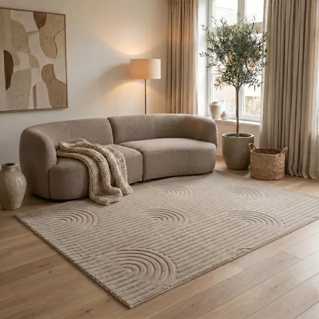 flycarpets Eve Japandi Taupe Vloerkleed - Laagpolig Tapijt Woonkamer - Zacht en Fluffy