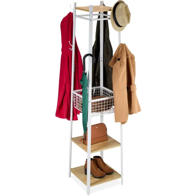 Famanu Staande kapstok met 3 planken, 8 haken en mand, 181 x 43 x 43 cm, wit-bruin, ideaal voor hal of entree