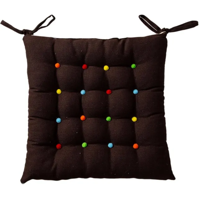 OEMG Katoenen linnen stoelkussen, vierkant, met strikjes, kleurrijke pompons, antislip zitkussen voor eetkamer- en keukenstoelen (bruin, 1 stuk)