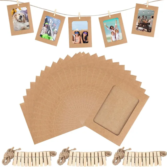 Famanu 30 Stuks Kraft papieren fotolijsten met touw en knijpers, wanddecoratie kraftpapier