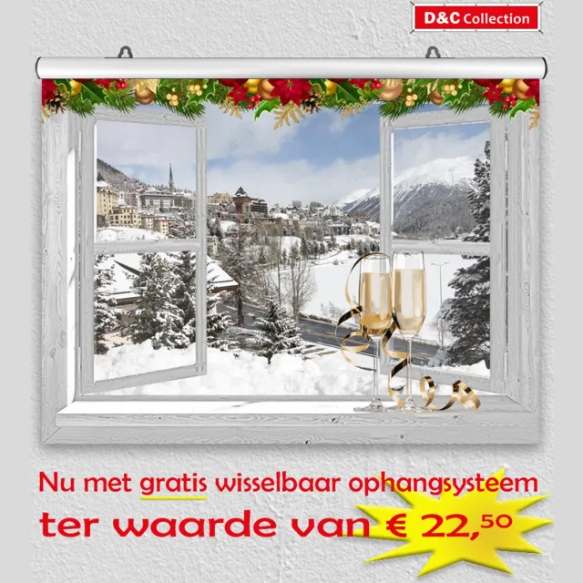 D&C Collection Schuttingposter - kerst poster - 60x45 cm - doorkijk - wit venster sneeuwlandschap en champagne - winter poster - kerst decoratie- kerstinterieur - kerst wanddecoratie