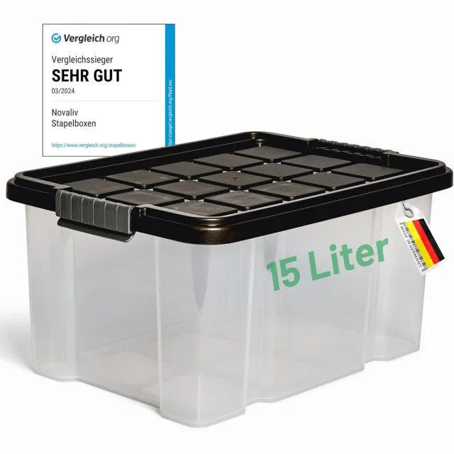 Novaliv opbergdoos met deksel 15L antraciet Nestbare stapelbare kunststof doos met clipsluiting Eurobox kunststof doos BPA-vrij 41 x 29 x 20 cm