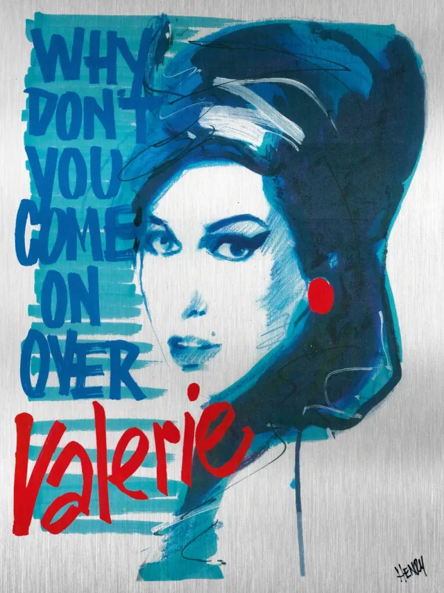 De Opmakerij AMY WINEHOUSE * VALERIE * - uniek sign painted kunstwerk op geborsteld aluminium 60 x 80 cm full-colour