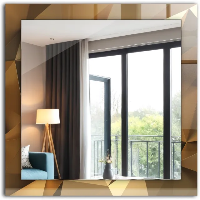 TULUP Spiegel - Vierkante vorm Spiegel - op gehard Glas - Bruine geometrische vormen - 60 x 60 cm - Spiegel met decoratief motief - Inloopkastspiegel – Badkamerspiegel - Toiletspiegel - Make-up Spiegel - Wanddecoratie Spiegel - Spiegelmontageset