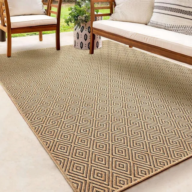the carpet Kansas – robuust in- & outdoor vloerkleed, weerbestendig & slijtvast, ruitpatroon naturel 80 x 150 cm naturel met geometrisch ruitpatroon