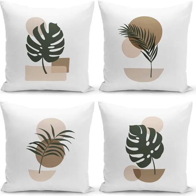 Kate Louise Sierkussens set 4 stuks - INCLUSIEF BINNENKUSSENS 45x45 cm - bladen - bruin - grijs - dubbelzijdig bedrukt - kussensloop - kussens woonkamer - kussenhoes