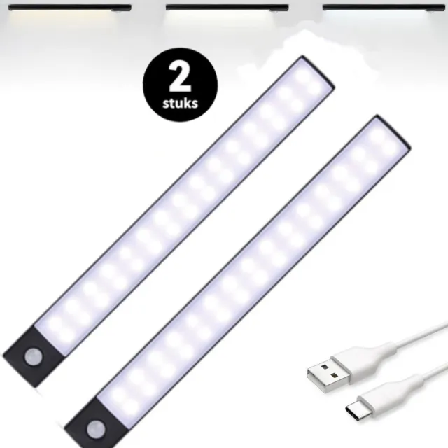 OnmiMart LED Kastverlichting met Bewegingssensor, USB-C Oplaadbare Led-Strip, 3 Kleurtemperaturen, Dimbaar, Draadloos, Magnetische Verlichting voor Kasten, Gangen, Slaapkamers,3.5 x 30cm, 2 stuks,Zwart