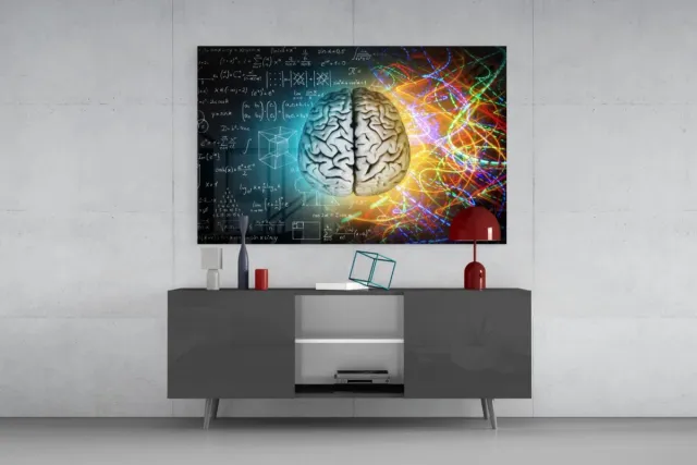 Insigne Art Glasschilderij - Brein met Formules en Kleurrijke Lichten - Moderne Wanddecoratie - 110x70 cm