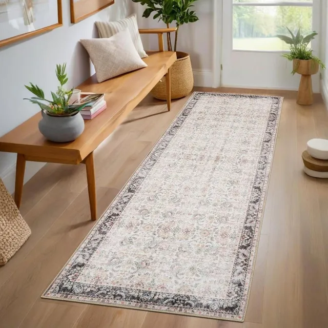 Danky Oriëntaals vloerkleed 60 x 180 cm – beige – Perzische print – zacht polyester – wasbaar & antislip – gang & keuken