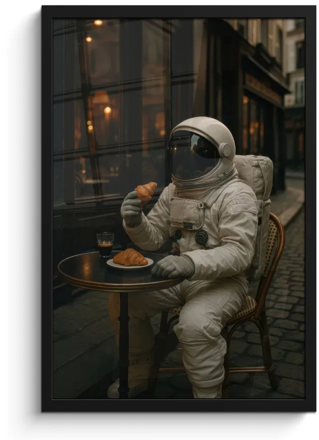 FrameYourWall Poster in lijst - Fotolijst 40x60 cm - Posters - Café - Croissant - Koffie - Astronaut - Posterlijst zwart - Decoratie - Wanddecoratie woonkamer - Muurdecoratie slaapkamer