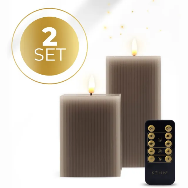 KENN Geribbelde LED Kaarsen - Set van 2 - Vierkant Taupe (Geribbeld)