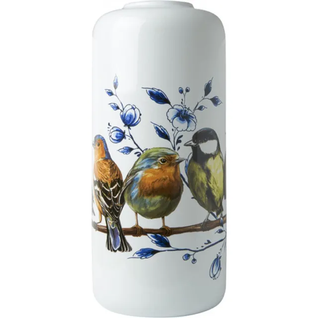 Heinen Delfts Blauw cilinder vaas Bosvogels Wit