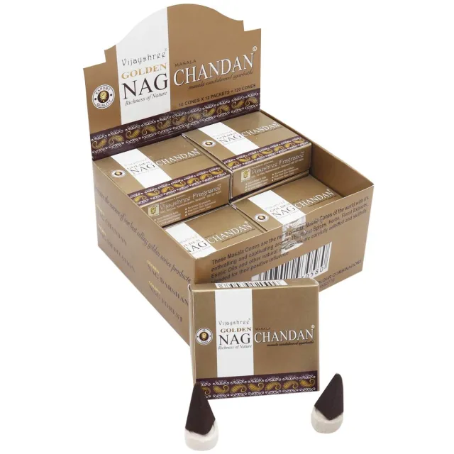 Vijayshree Golden Nag Chandan Masala Sandelhout Dhoop Kegels – 12 Pakketjes x 10 Kegels | Premium Sandelhoutgeur, Handgerold in India, 60 min brandtijd | Natuurlijke, Niet-giftige Wierookkegels met Kajal Sticker Bruin