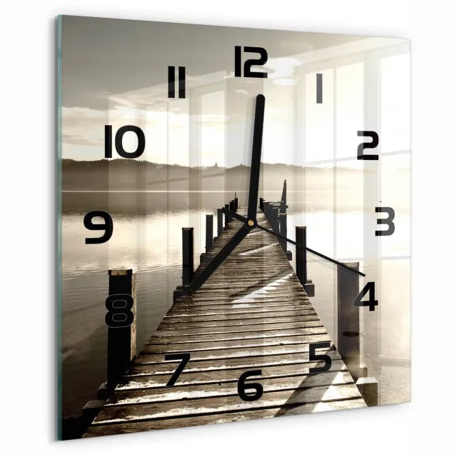 TULUP Wandklok - Houten brug Wandklok Glas Met Motief - 30x30 cm - Bruin Decoratieve Glazen Klok - Zwarte handen - Vierkante Klok - Gekleurde Glazen Klok - Glazen Klok Met Print