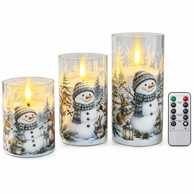 SWGOTA led kaarsen, set van 3 met sneeuwpopprint en afstandsbediening, warm licht en vlamvorm, exclusief batterijen Bruin