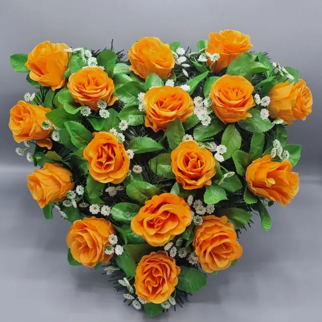Herdenkingslichtjes Bloemstuk - W113/03 - Hart - Roos - Oranje - 40cm - Verzwaard - Buigzaam - Grafdecoratie