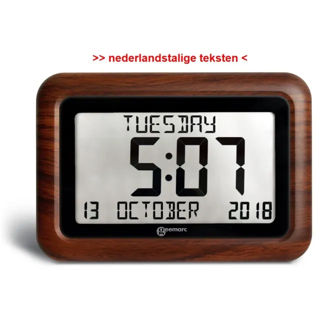 Geemarc JUMBO klok - onverkorte dag / datum / tijdweergave - hout - dementieklok - 10