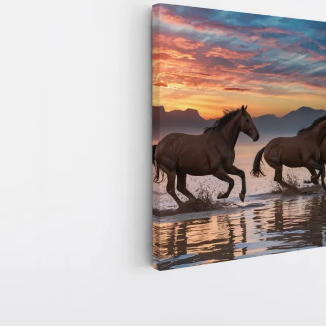 Saammp Canvas Schilderij -Groep paarden In het water tijdens zonsondergang- Dieren - Natuur - 30x30 - Foto op canvas - Wanddecoratie - muurdecoratie Woonkamer - Slaapkamer decoratie - Canvas Print Multicolor