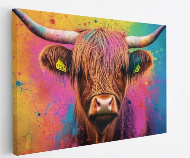 Saammp Canvas Schilderij - Schotse Hooglander Koe - Abstract - Kleurrijk - Dieren - Natuur - 150x100 - Foto op canvas - Wanddecoratie - muurdecoratie Woonkamer - Slaapkamer decoratie - Canvas Print Multicolor