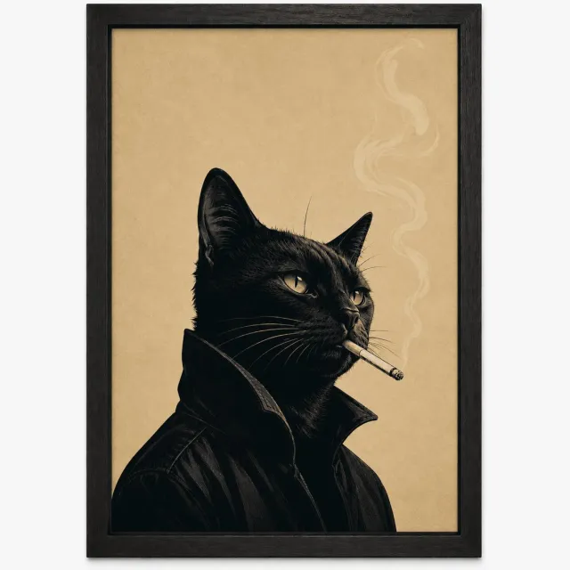 Joshimo Vintage Kat Poster | Rokende Zwarte Kat | Inclusief Zwarte A3 Lijst