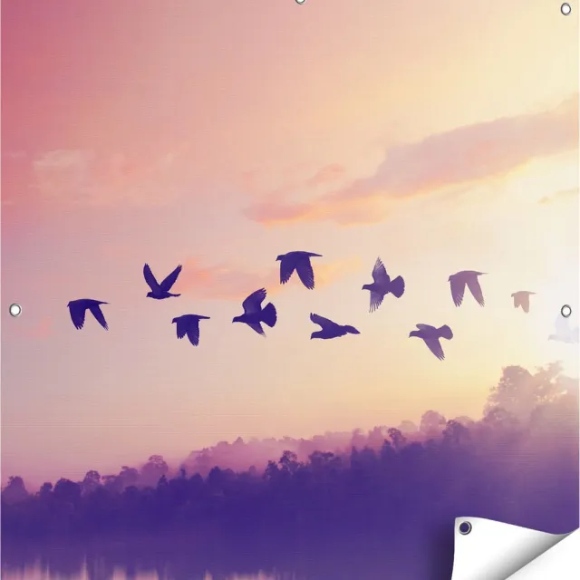 Gards Tuinposter Silhouet Vogels tijdens Zonsondergang - 90x90 cm - Tuindoek - Tuindecoratie - Wanddecoratie buiten - Tuinschilderij Multikleur