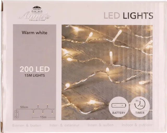 Anna's Collection Kerstverlichting lichtsnoer - 200 led lampjes - warm wit - 15 m - batterij - timer functie - kerstlampjes