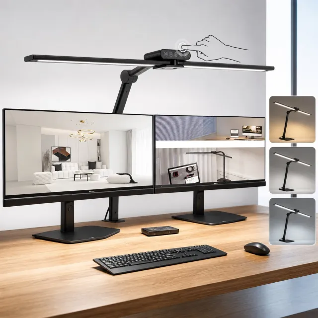 MUPOO Bureaulamp LED met Klem Touchbediening- Dimbare Werklamp met 2 Verstelbare Lampkoppen - Monitor Lamp met 10 Helderheidsstanden & 5 Lichtkleuren - Automatische Lichtsensor - 30 Min Timer - hobbylamp voor Groot Bureau en Thuiswerk - Zwart