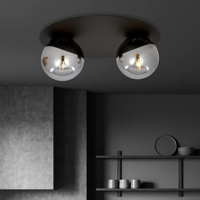 Emibig Esbjerg zwarte dubbele plafondlamp met 2 gefumeerde bollen E14 - Perfect voor sfeervolle verlichting Zwartachtig